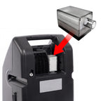 Black Devilbiss oxygen concentrator with a red arrow pointing to a filter component on a white background