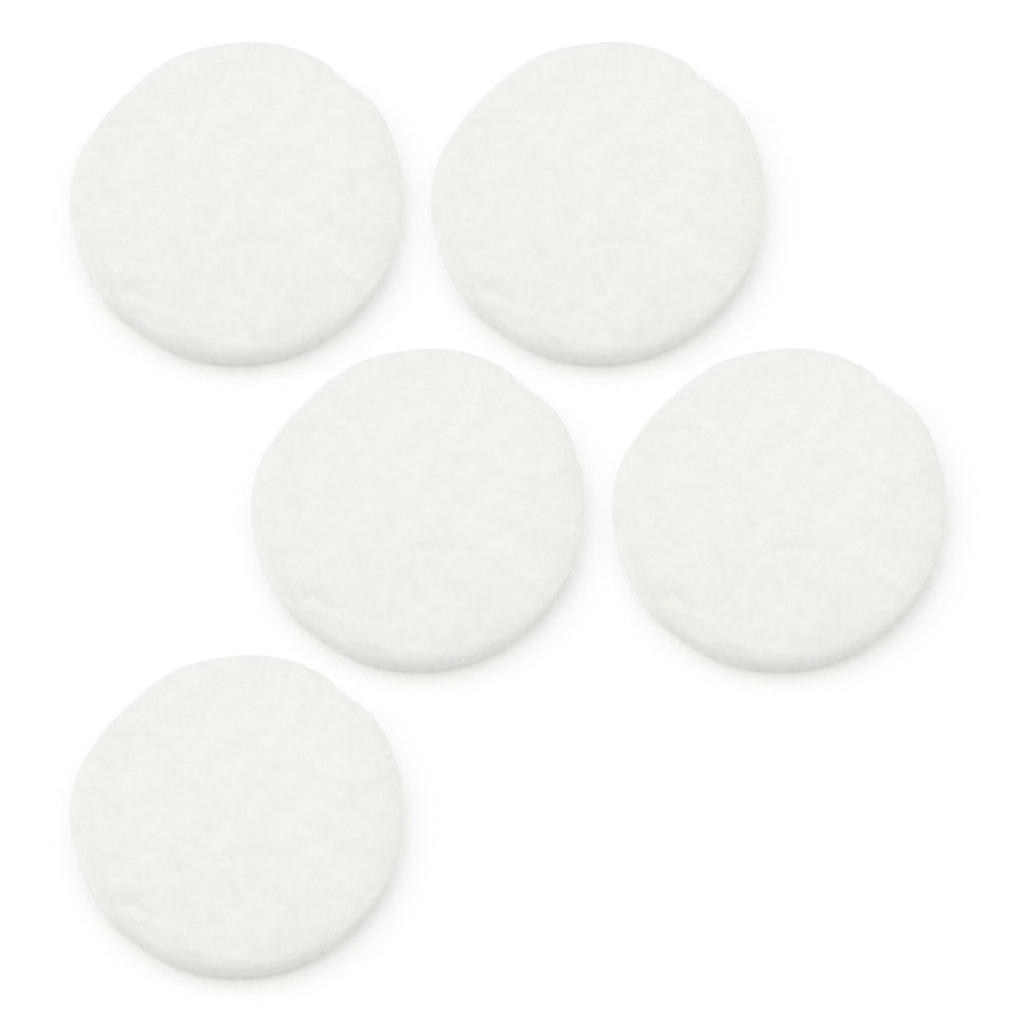 Five white circular objects on a white background