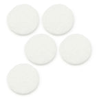Five white circular objects on a white background