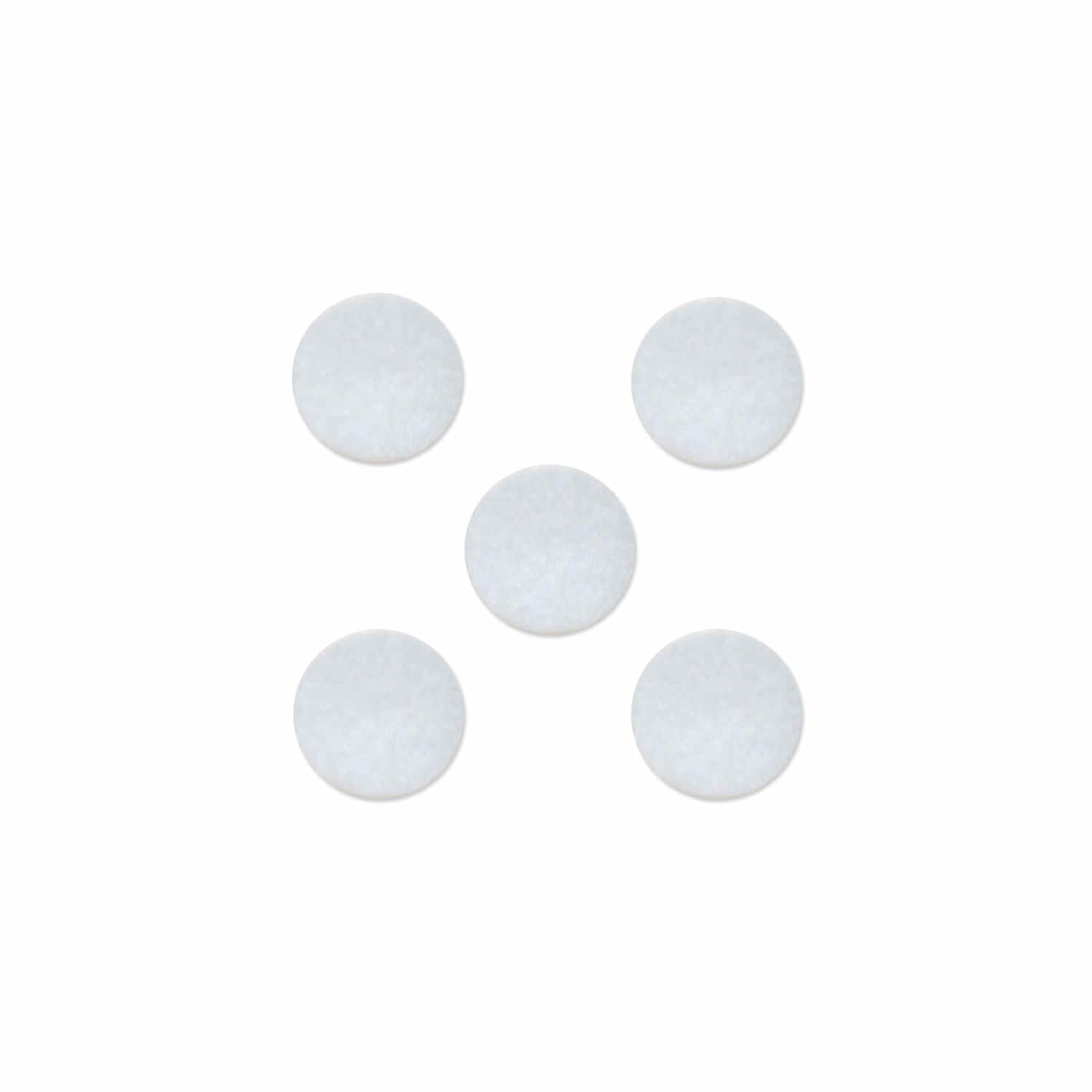 Five white circular objects on a white background