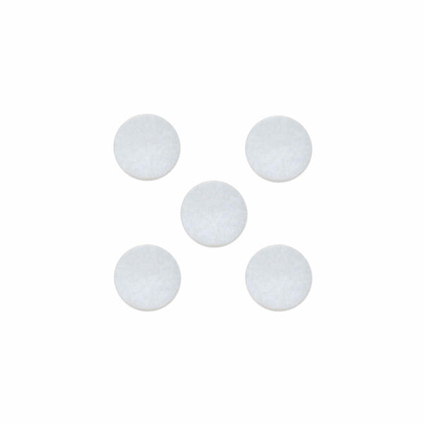 Five white circular objects on a white background