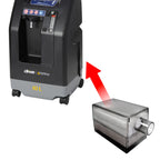 Large oxygen concentrator with a smaller intake filter highlighted by a red arrow on a white background
