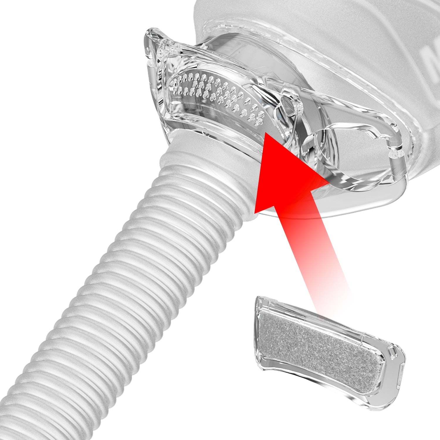 Red arrow pointing to where a mask diffuser goes on a Nova Nasal CPAP Mask 