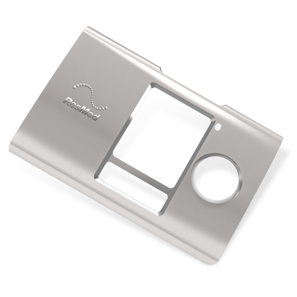 A brushed silver metal replacement faceplate for a ResMed device, featuring cutouts and the ResMed logo, shown on a clean white background.