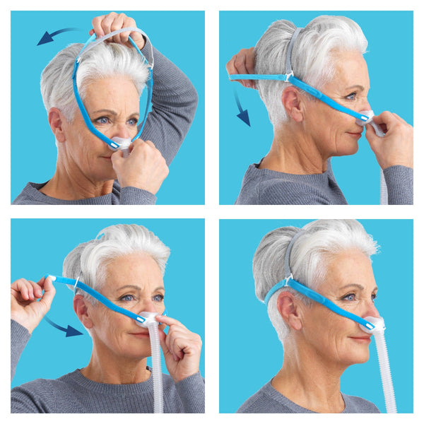 Step-by-step guide on how to use fisher paykel nova micro cpap mask with a woman wearing it against a blue background.