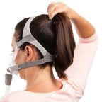 Person wearing a CPAP mask with a white background