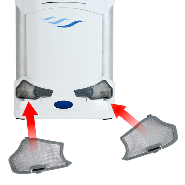 Freestyle Comfort Portable Oxygen Concentrator with two red arrows pointing where filter go