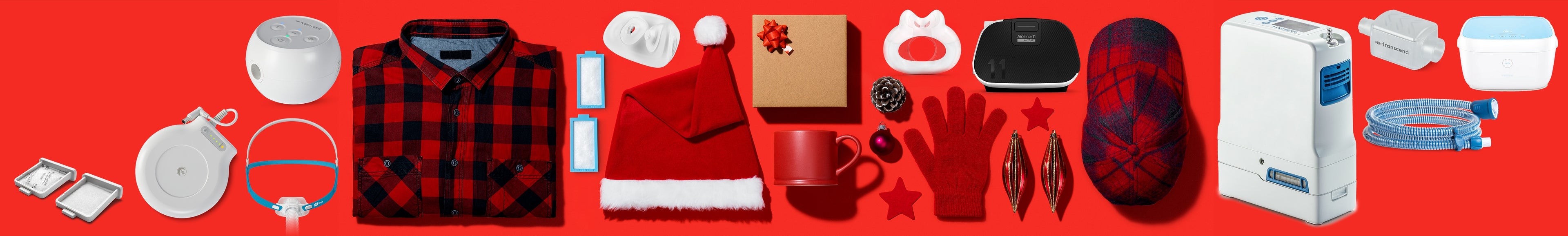 Collection of red accessories and cpap products on a red background