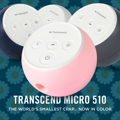 Transcend Micro 510 sleep therapy device with various colors on a pink and gray background.