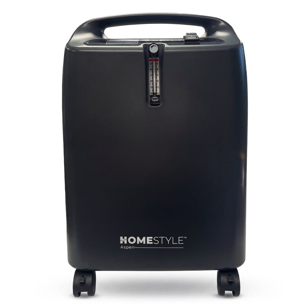 Black oxygen concentrator with 'HomeStyle' branding on a white background