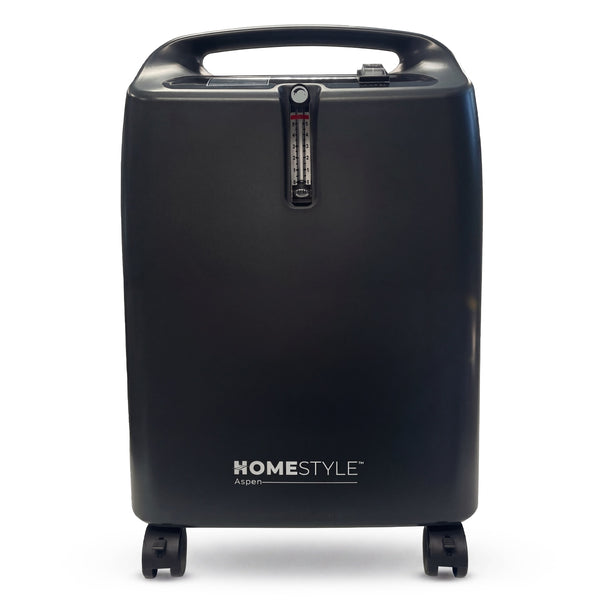 Black oxygen concentrator with 'HomeStyle' branding on a white background