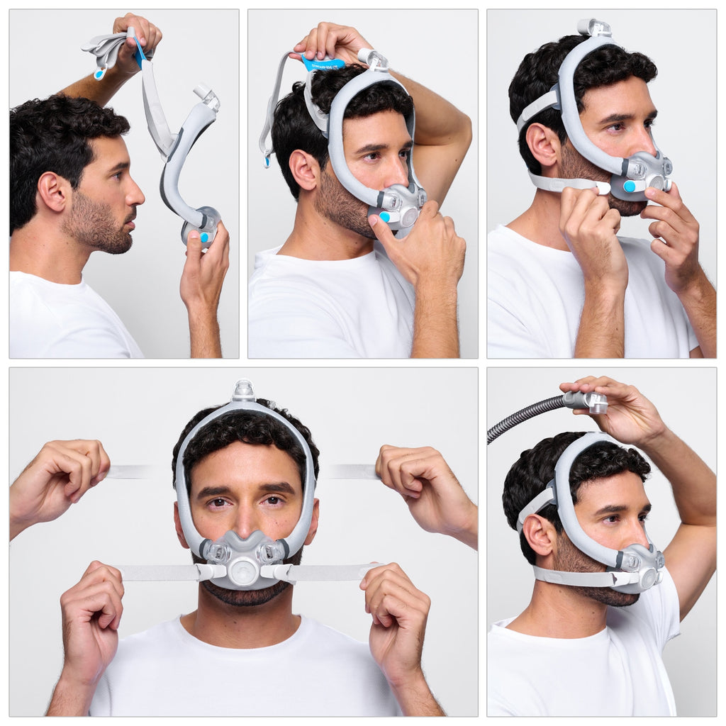 Step-by-step guide on how to wear a CPAP mask with close-up views.