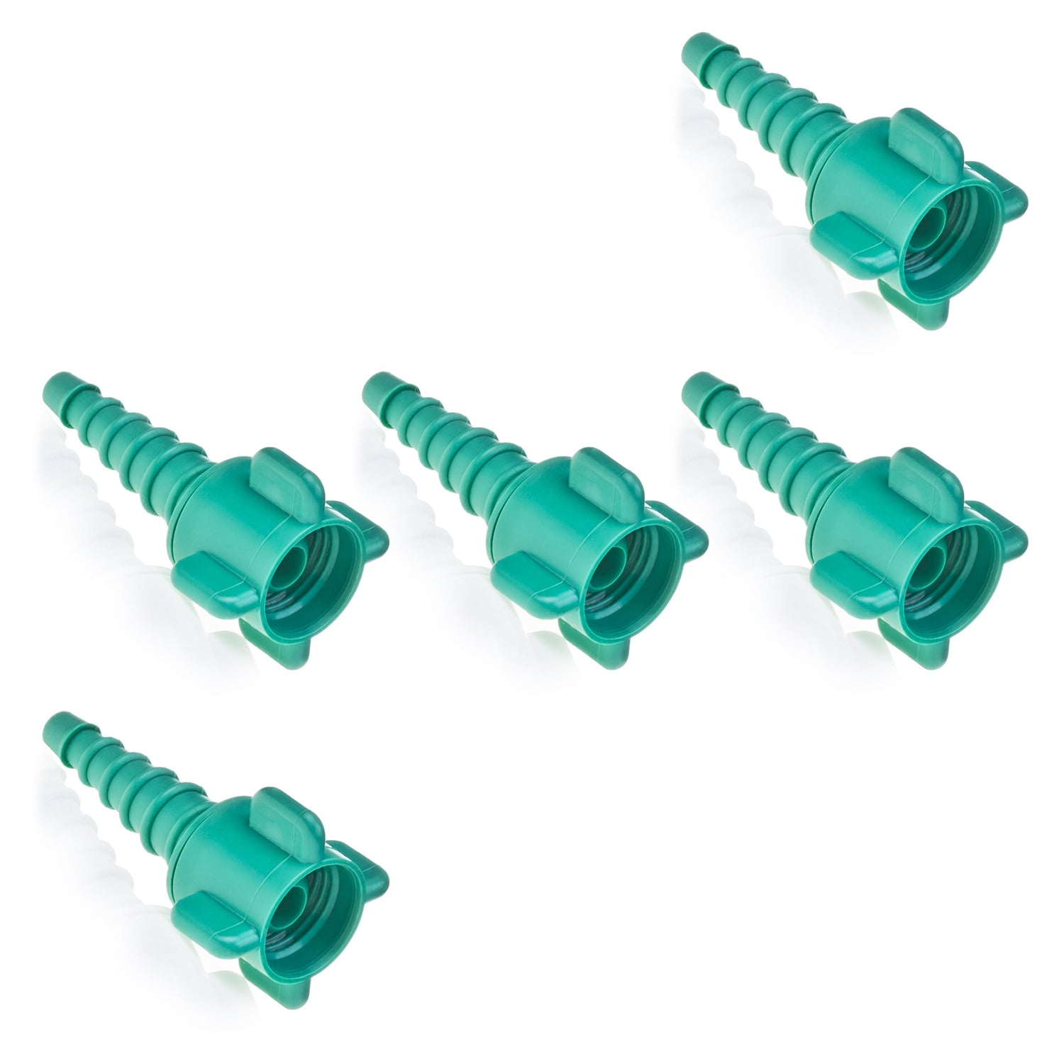 Five green plastic threaded connector fittings arranged on a white background.