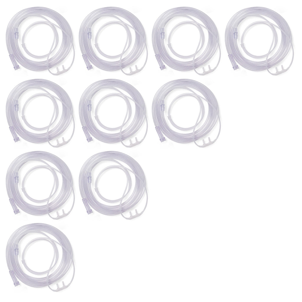 Ten clear plastic replacement tubing pieces, coiled and arranged in a staggered layout on a plain white background.