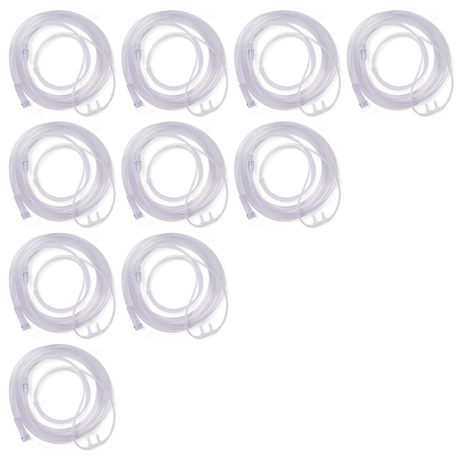 Ten clear plastic replacement tubing pieces, coiled and arranged in a staggered layout on a plain white background.