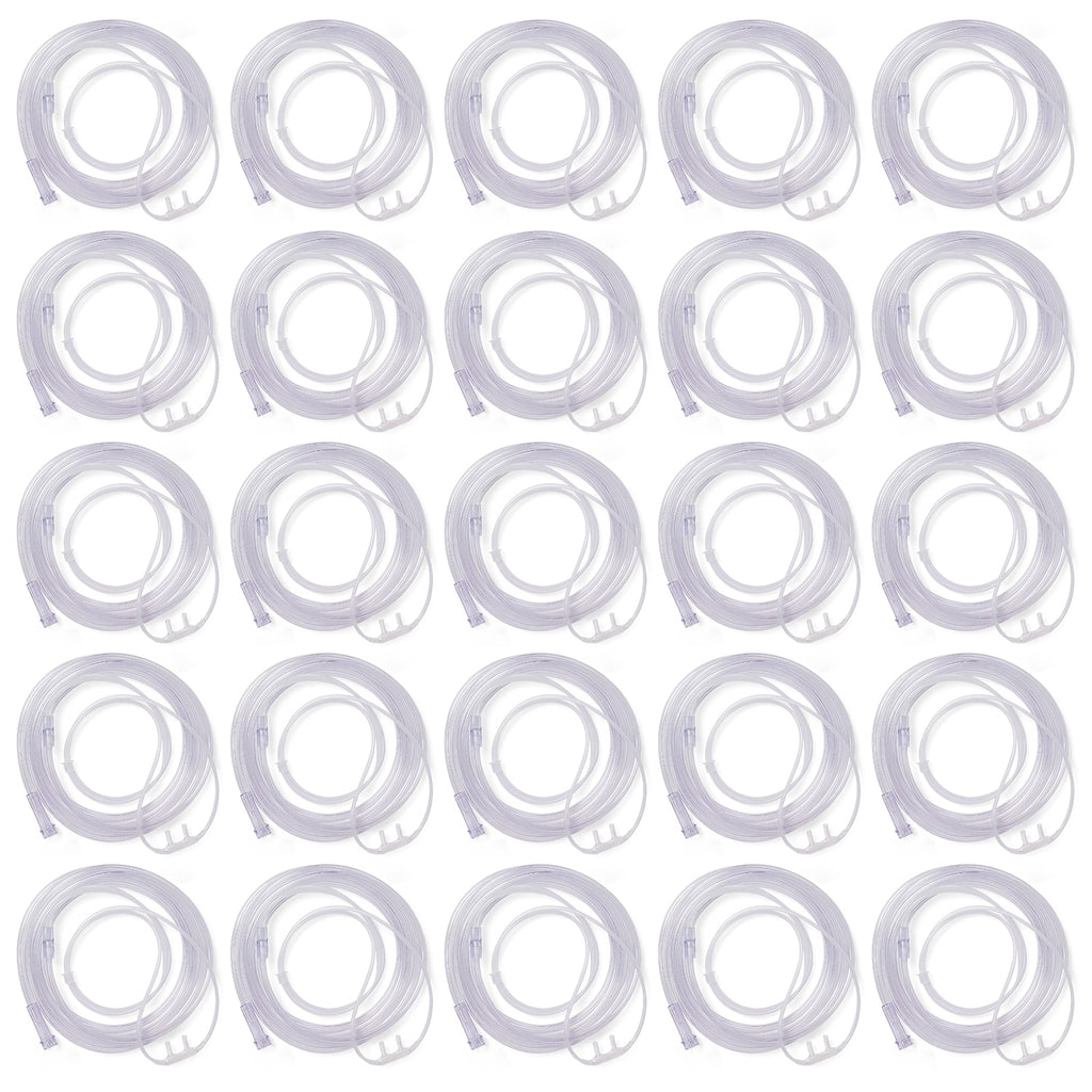 Twenty-five clear oxygen cannulas, each coiled and shown in a grid pattern against a plain white background.