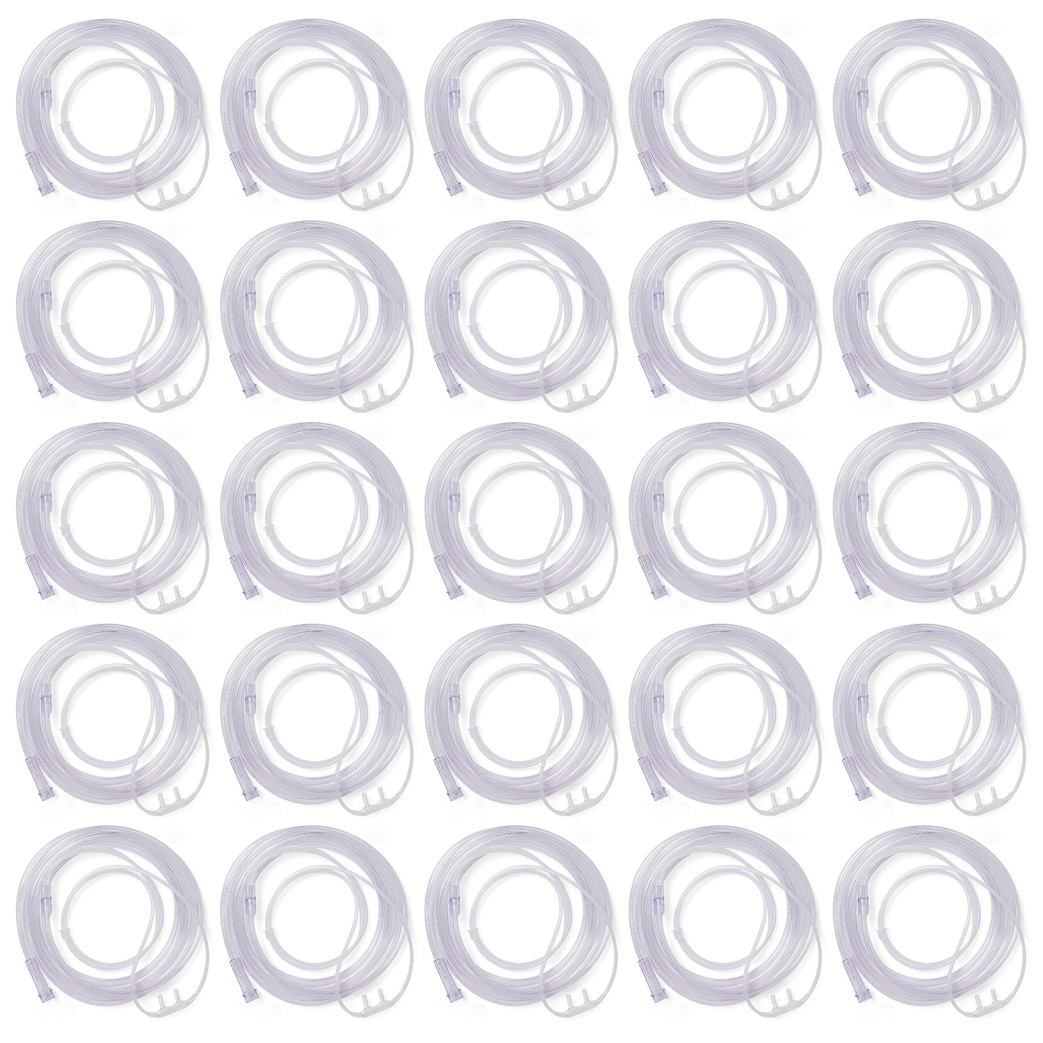 Twenty-five clear oxygen cannulas, each coiled and shown in a grid pattern against a plain white background.