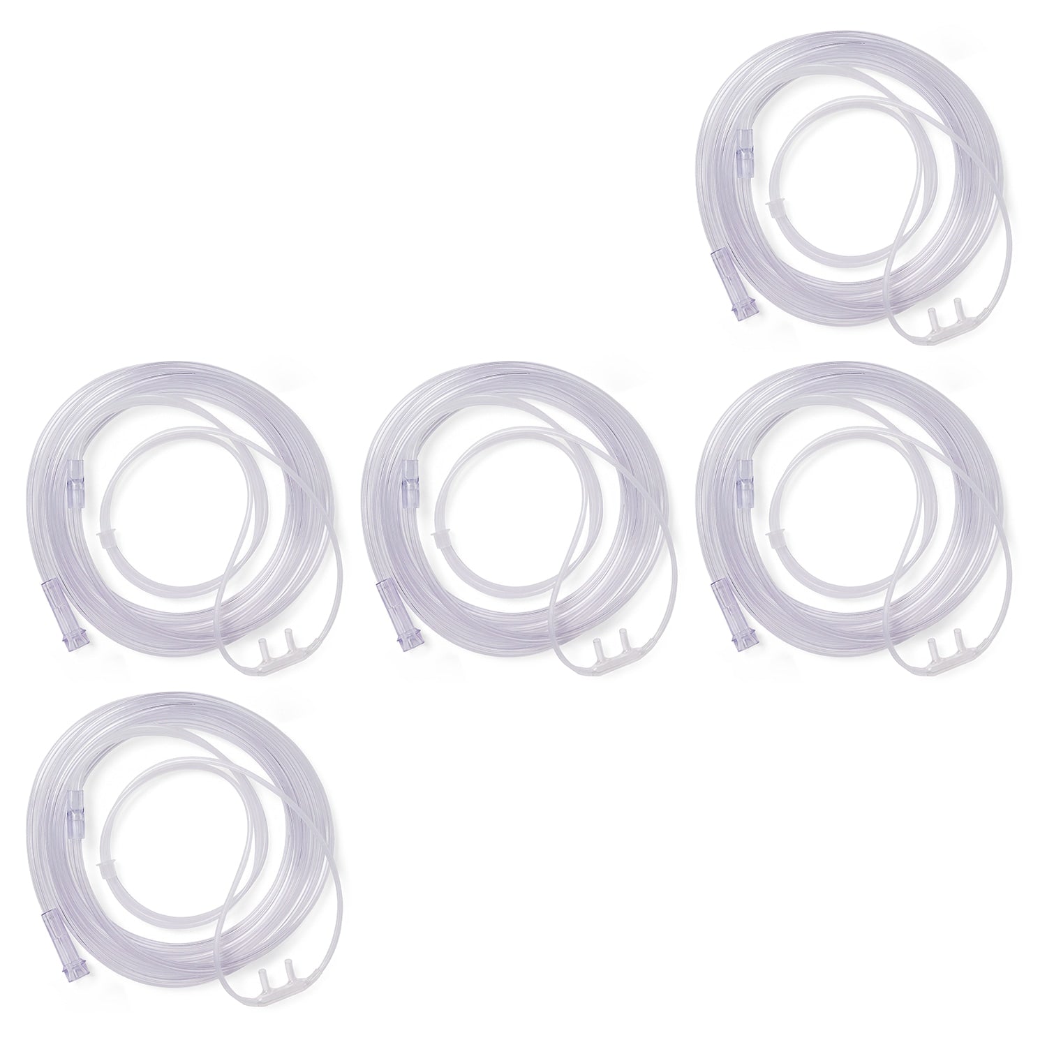 Five clear plastic nasal cannula tubes arranged on a plain white background.