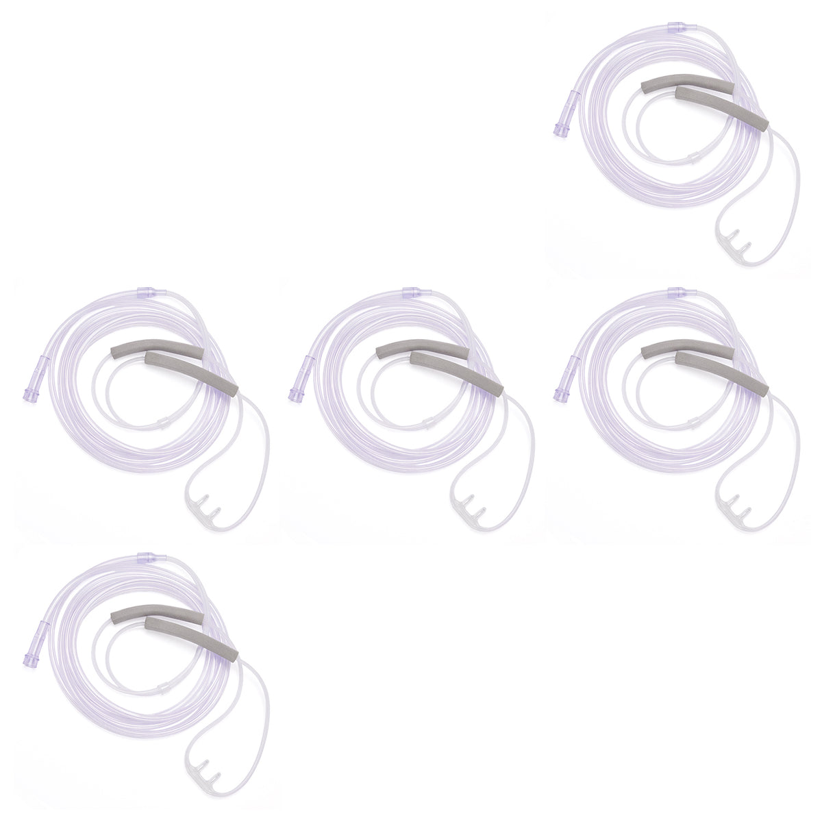 Five pack of Hudson soft nasal cannulas with foam ear wraps