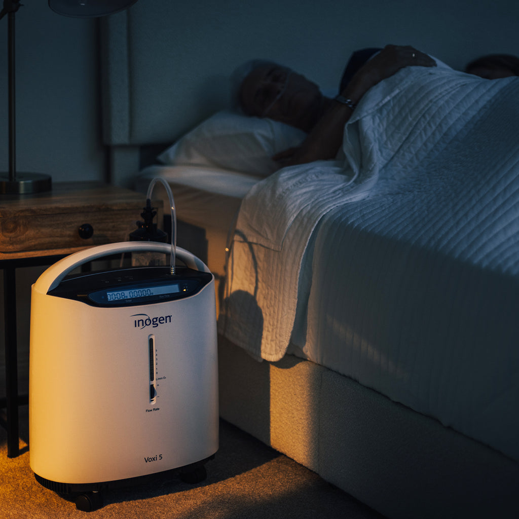 Inogen oxygen concentrator in a bedroom setting with a person lying in bed.