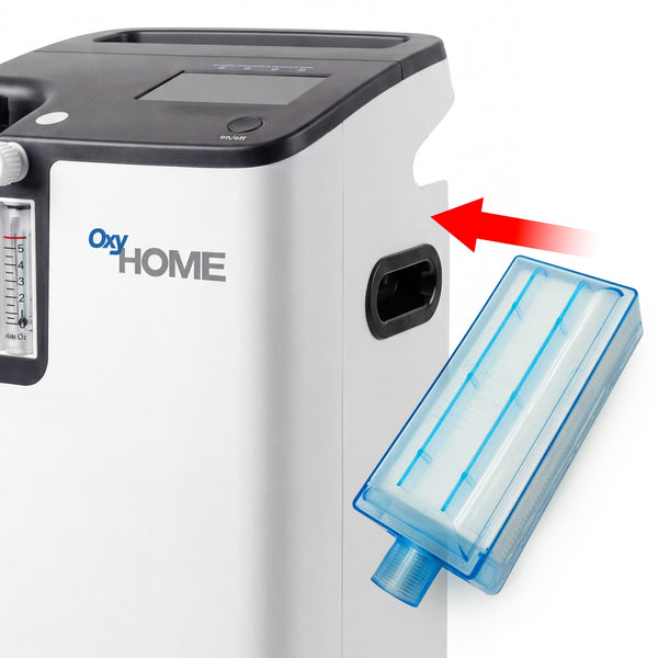 Oxy HOME oxygen concentrator with a filter in front on a white background