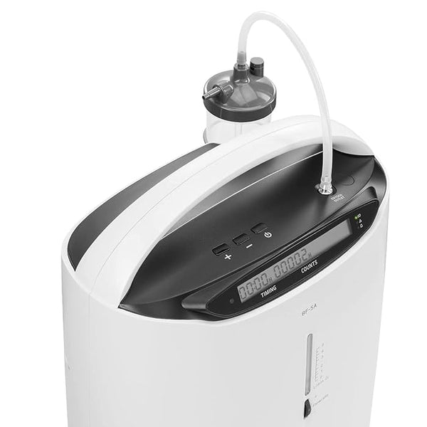IntenOxy 5 Oxygen Concentrator with bubble humidifier connected 
