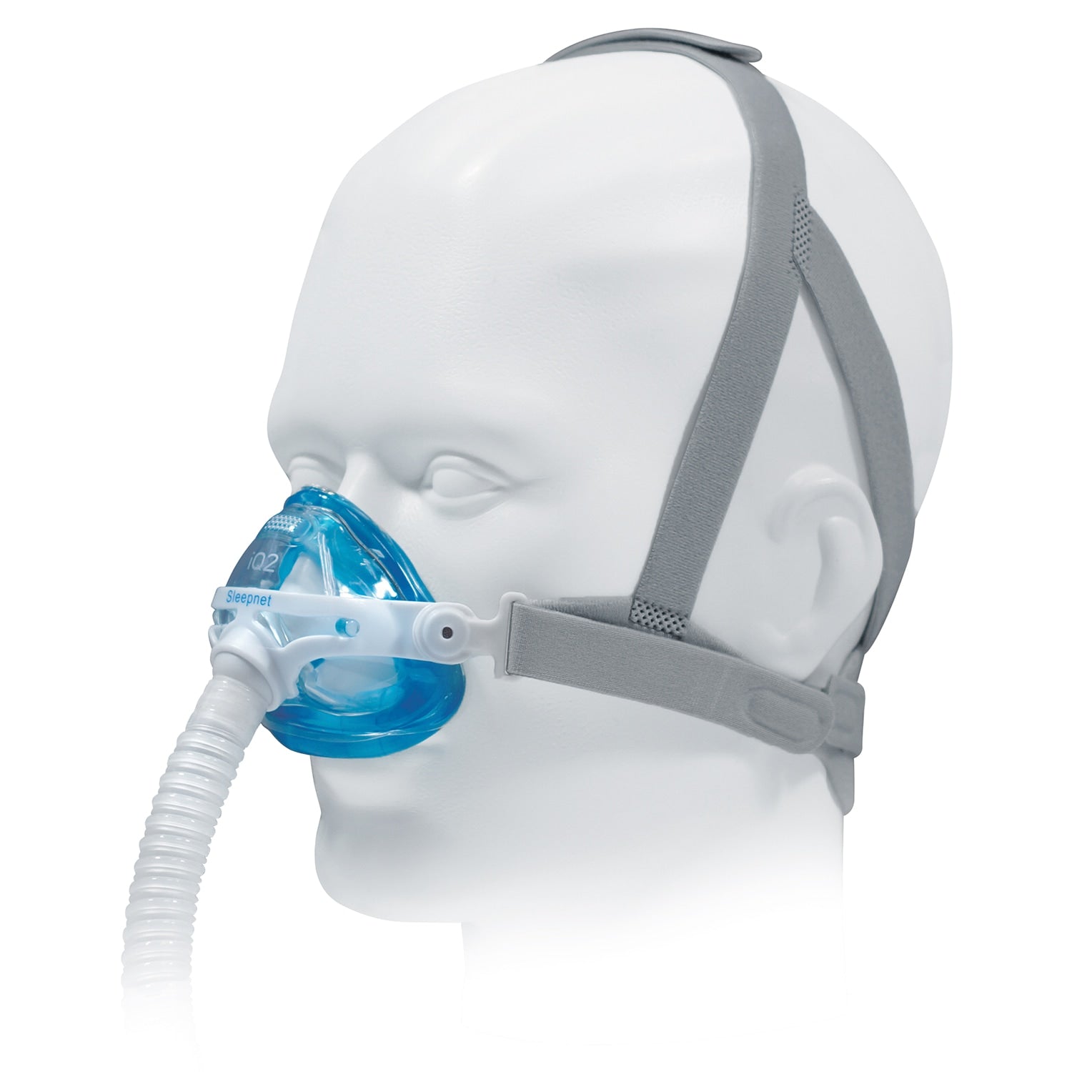 CPAP mask with blue cushion on a mannequin head against a white background