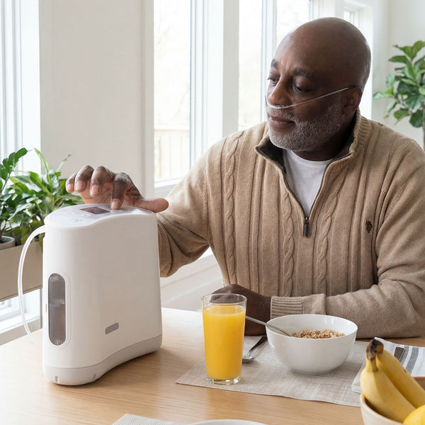 Man using an OxLife Oxygen Concentrator  at a table with a glass of orange juice and bowl of cereal.