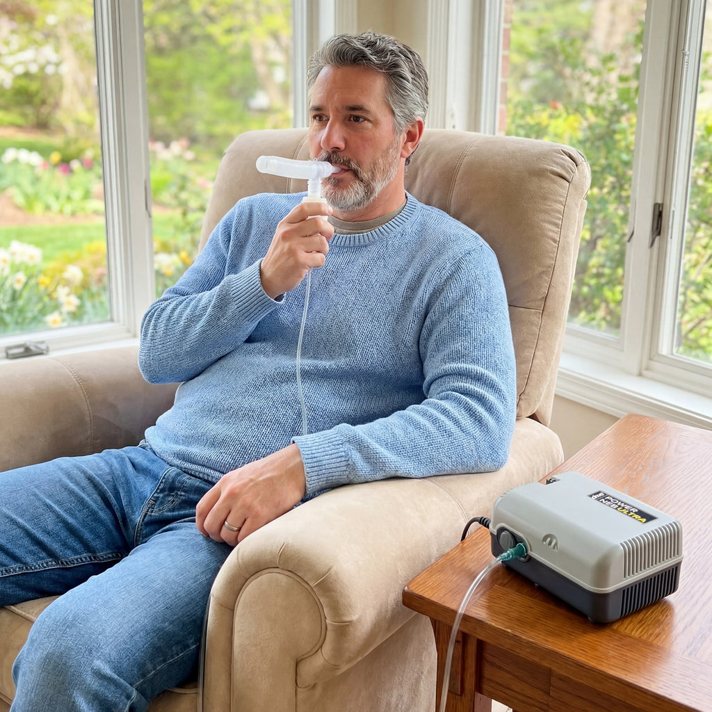 Man using a powerneb ultra compressor nebulizer in a home setting with a window in the background