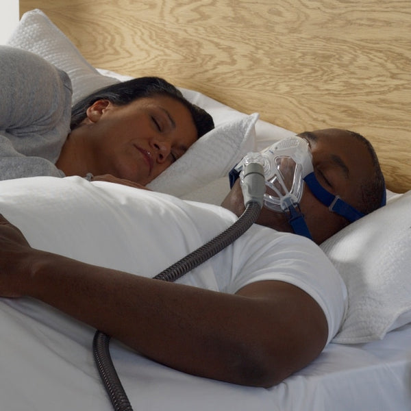 Two people lying in bed with a CPAP machine and mask.