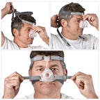Man adjusting a CPAP mask on his face with close-up views of the mask and straps.