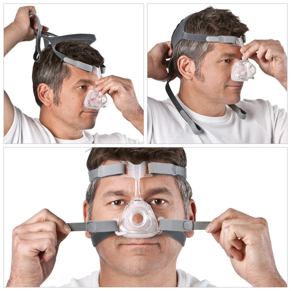 Man adjusting a CPAP mask on his face with close-up views of the mask and straps.