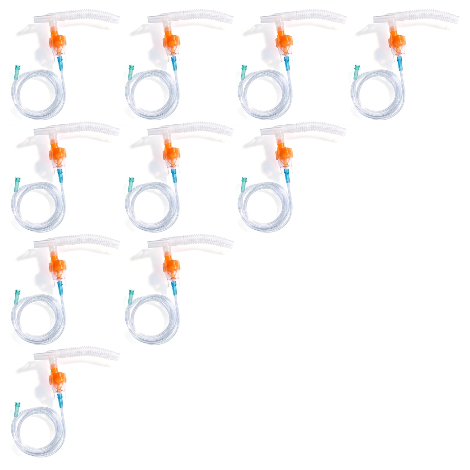 Set of ten clear plastic medical tubing with orange connectors on a white background