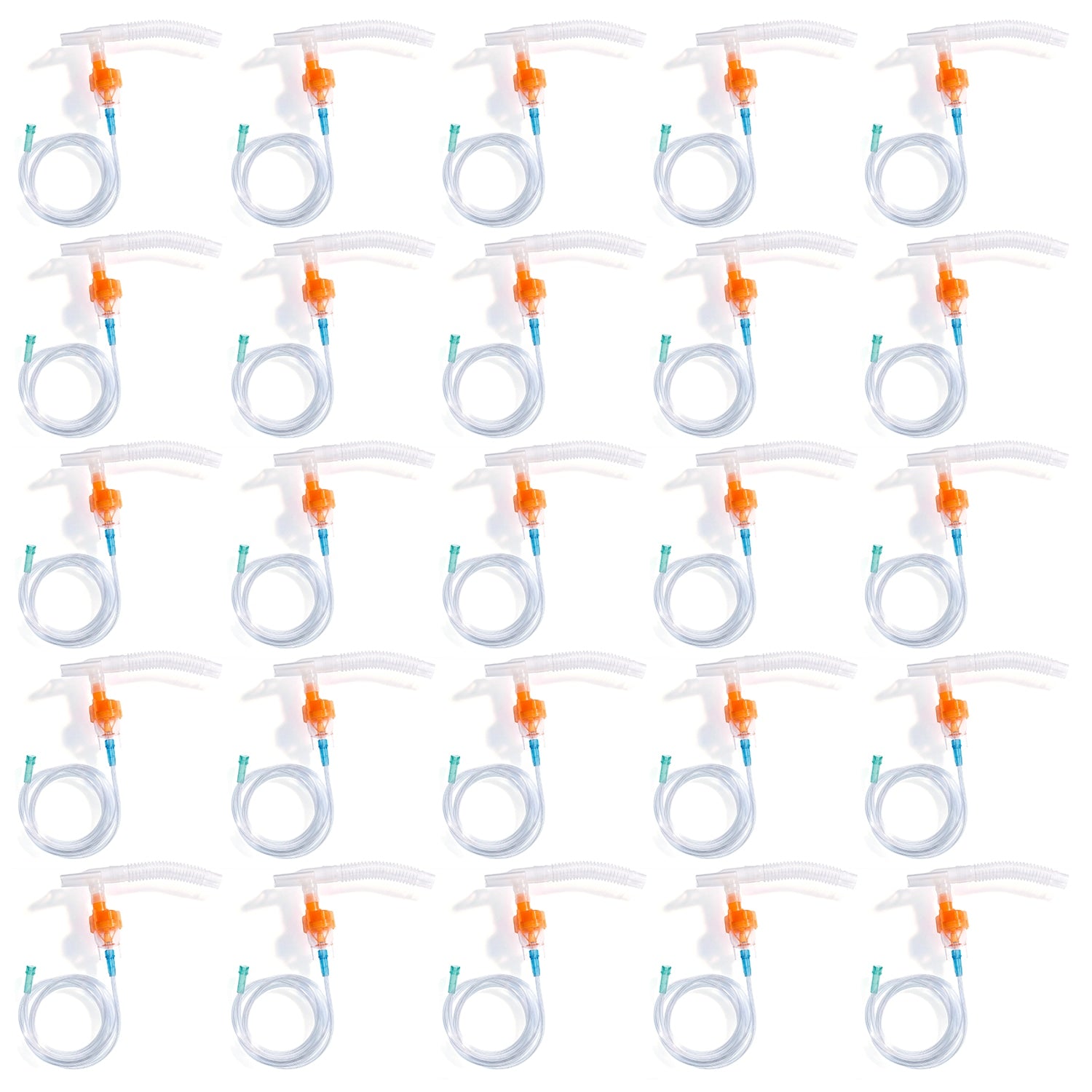 Set of twenty five clear plastic medical tubing with orange connectors on a white background