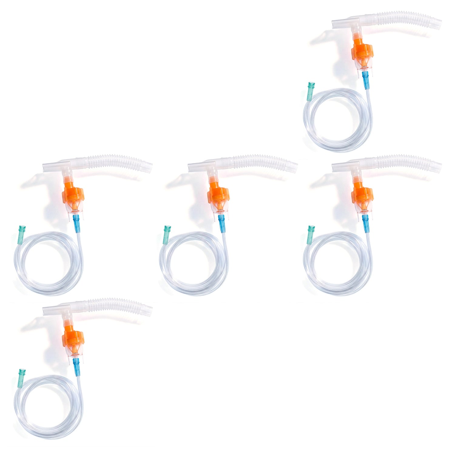 Set of five clear plastic medical tubing with orange connectors on a white background