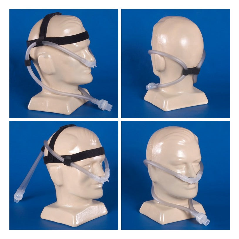 Collage of a CPAP mask on mannequin heads against a blue background