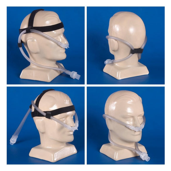 Collage of a CPAP mask on mannequin heads against a blue background