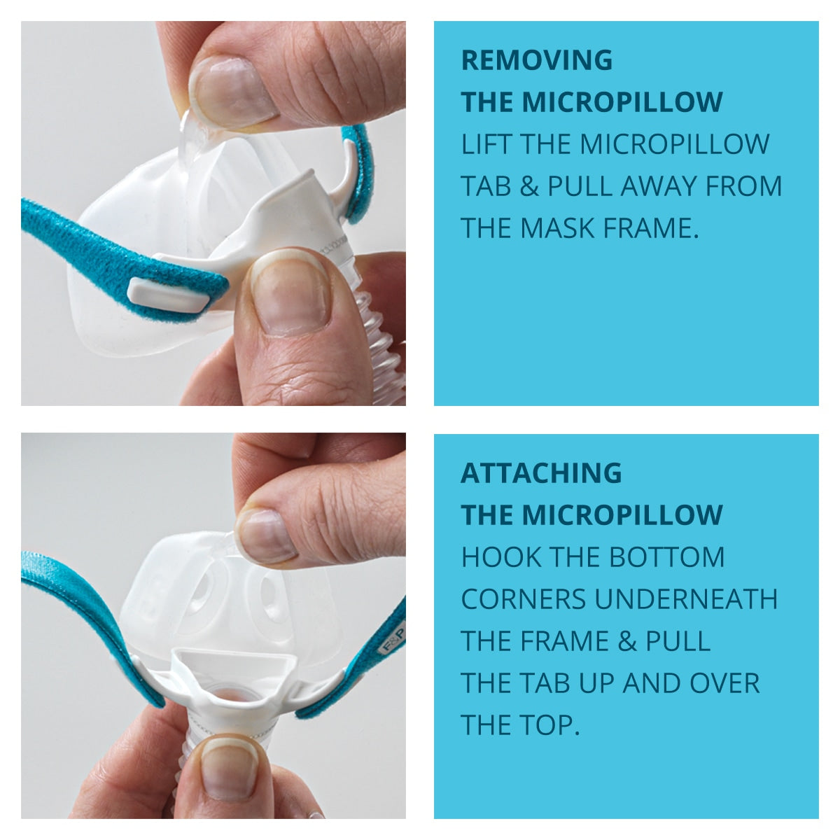 Instructions for removing and attaching a nova micro micro pillow with close-up images and text on a blue background.