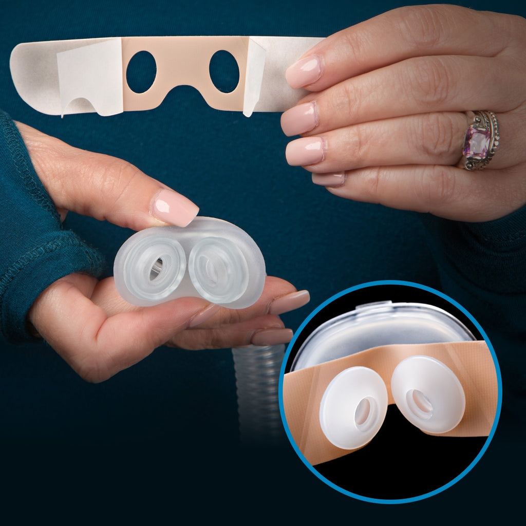 nozeseal adhesive strip installed on nasal pillow mask