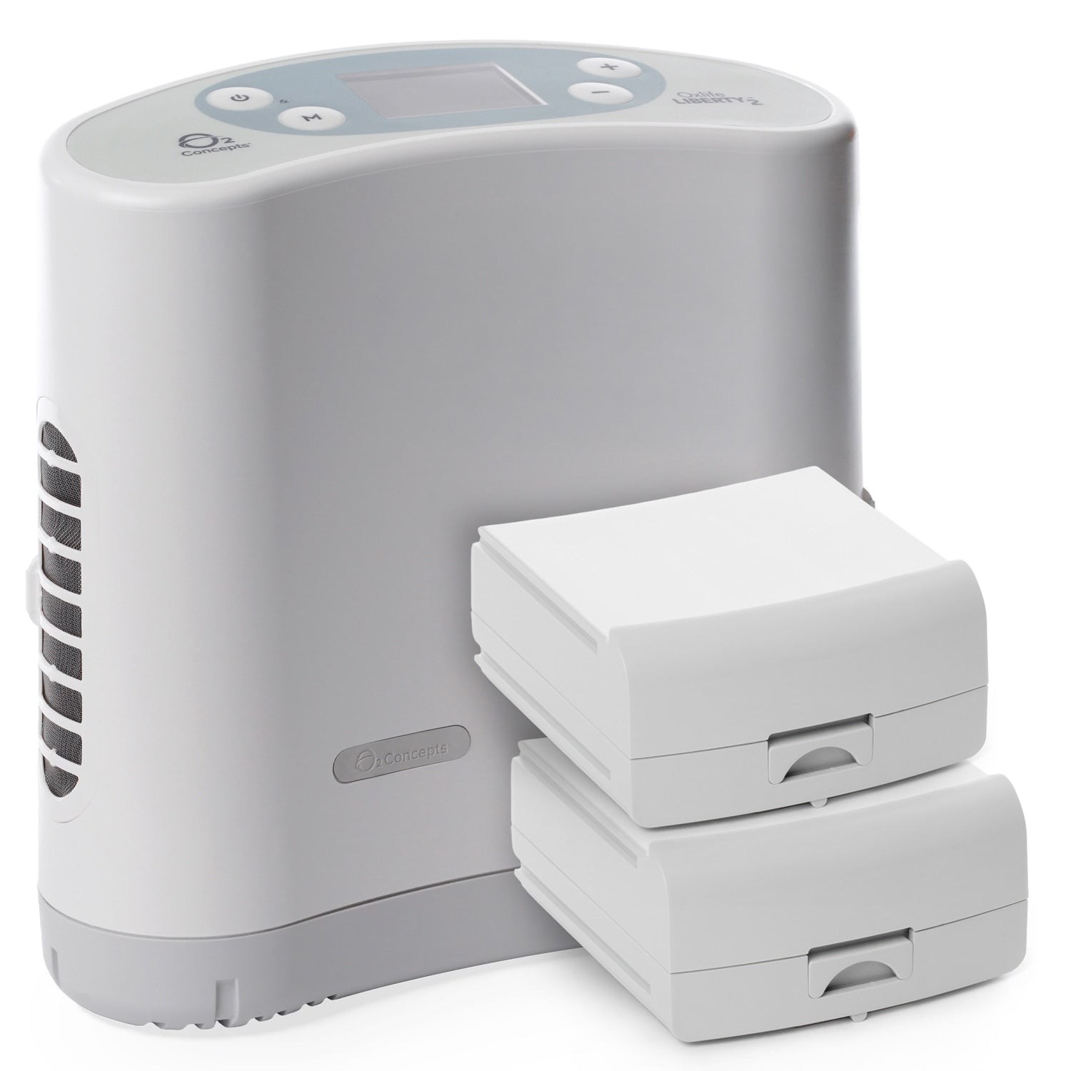 Liberty 2 portable oxygen concentrator bundle with a small digital display and control buttons on top, shown alongside two stacked white rectangular battery