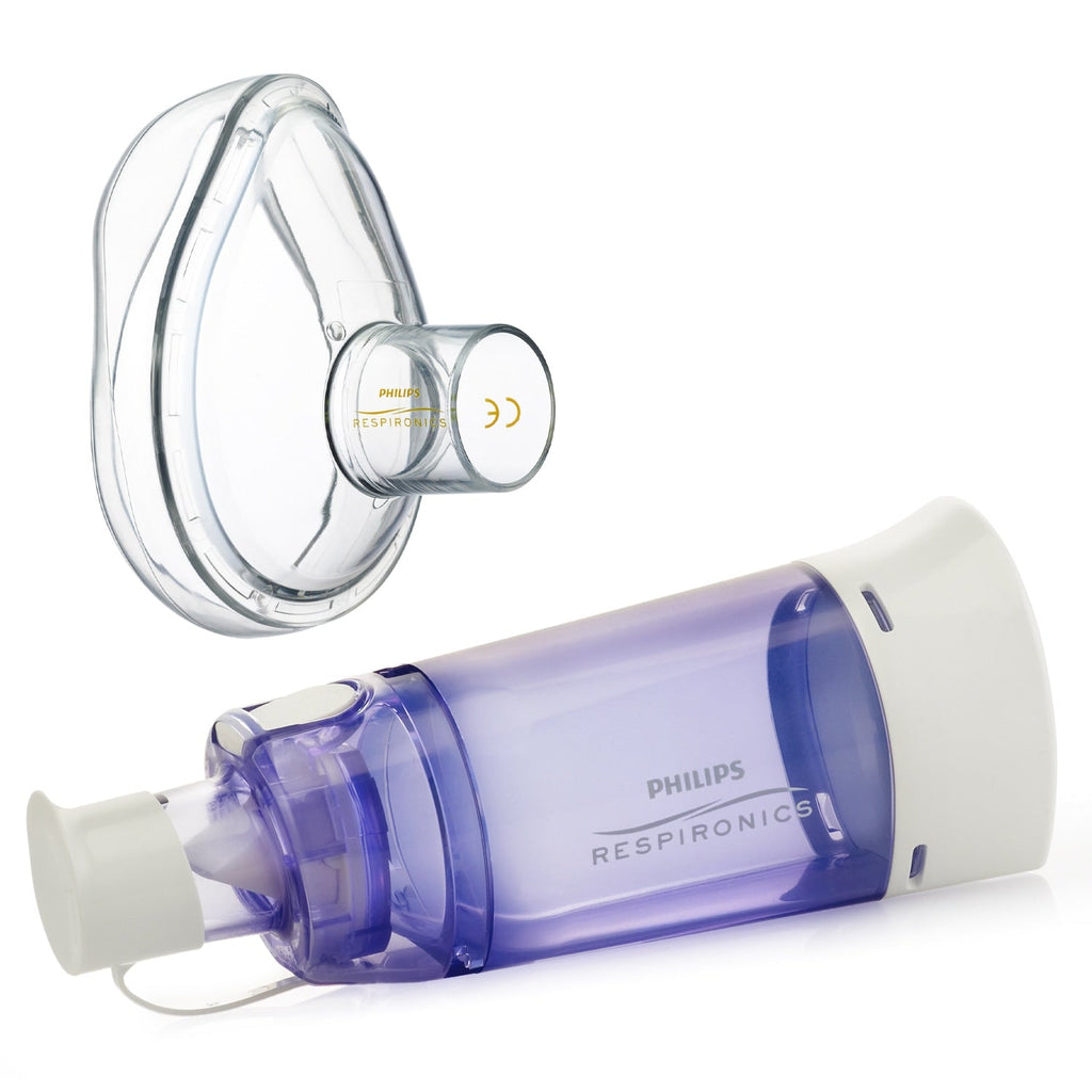 Philips Respironics inhaler device with clear mask on a white background
