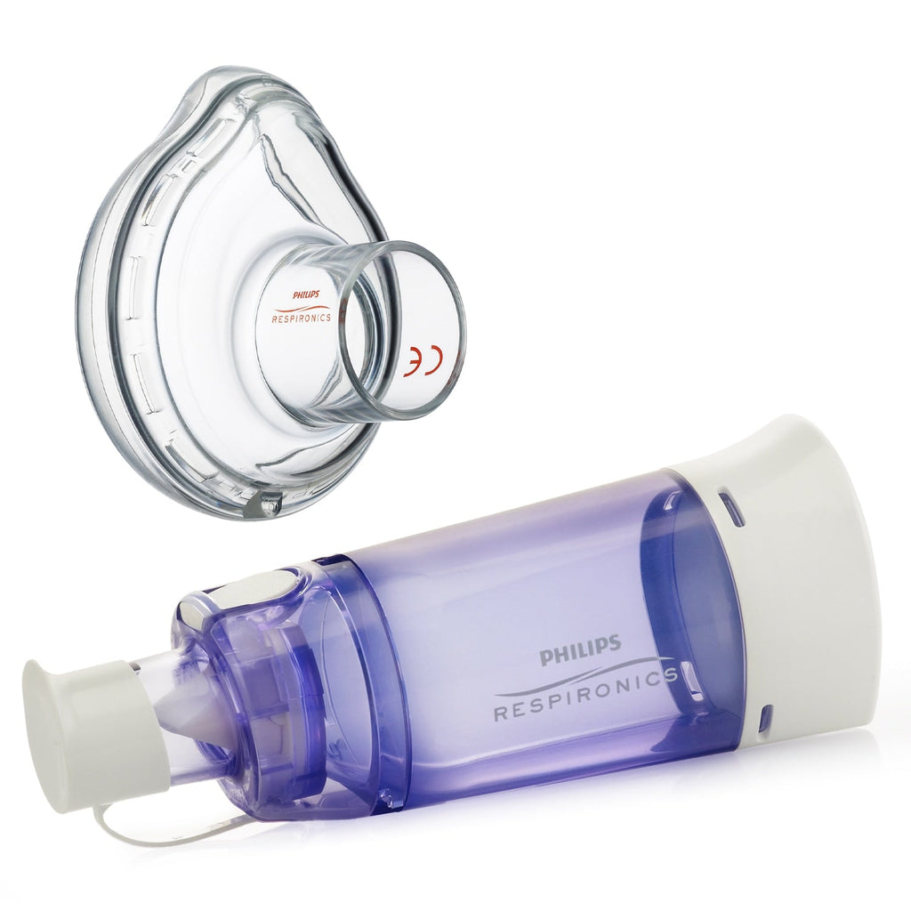 Philips Respironics inhaler device with clear mask on a white background