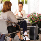 happy women at coffee with oxlife independence portable oxygen concentrator