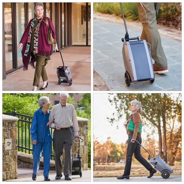 Collage of people using an Oxlife Independence Portable Concentrator in various settings