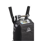 Black backpack with digital display and 'O2 Concepts' logo on a white background