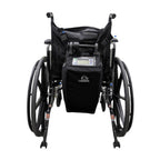 Rear view of a wheelchair with an Oxlife Independence concentrator in a bag hanging on it 