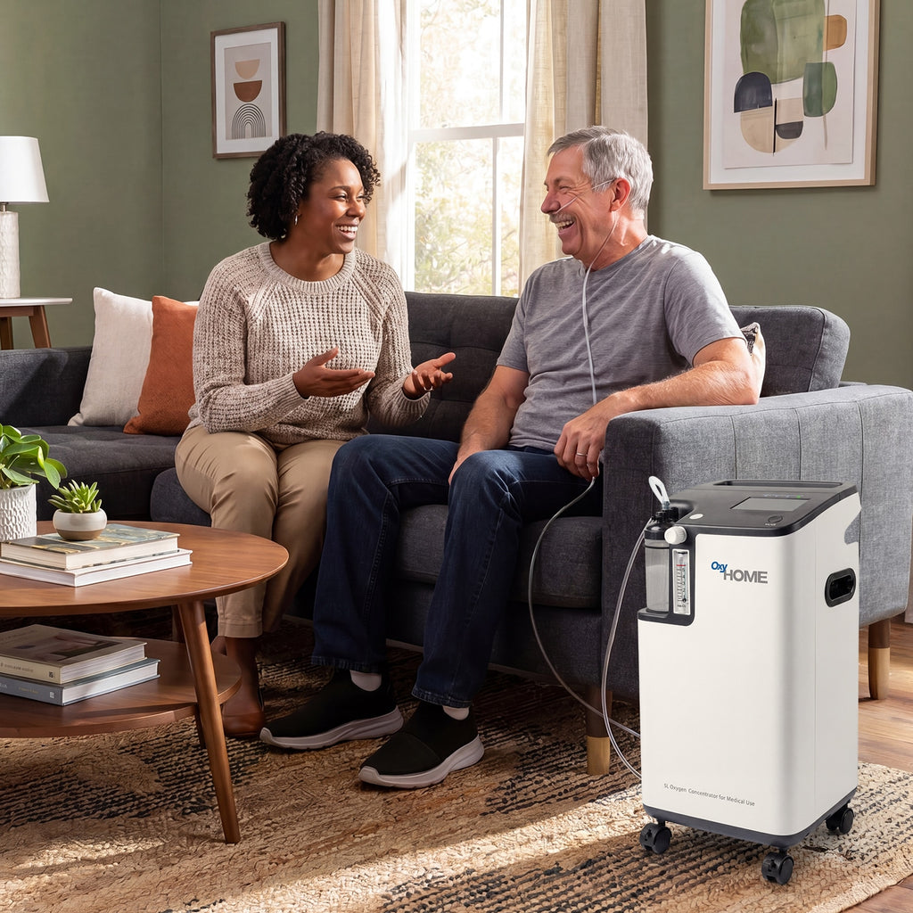 Family playing a board game in a living room with a portable oxygen concentrator 