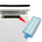 Blue air filter with a red arrow pointing towards an open oxygen concentrator