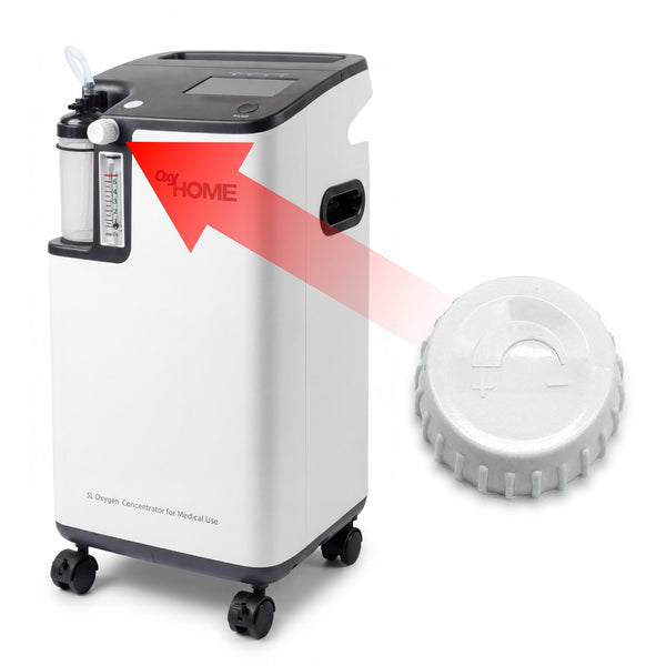 Oxygen concentrator with a red 'On Home' label on a white background