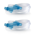 Two coiled clear tubes with blue connectors on a white background